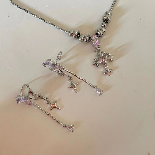 Sweetheart Butterfly Crystal Earbone Clip Tassel Small Elf Ear Clip Female Earrings Pink Girl Cross Necklace