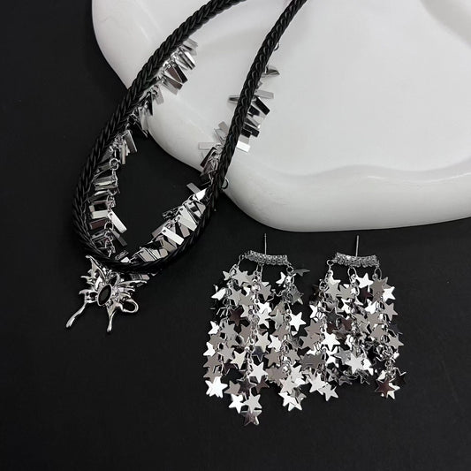Butterfly glitter necklace, female dark collarbone chain, multi-layer neck chain, European and American niche Gothic trendy cool earrings