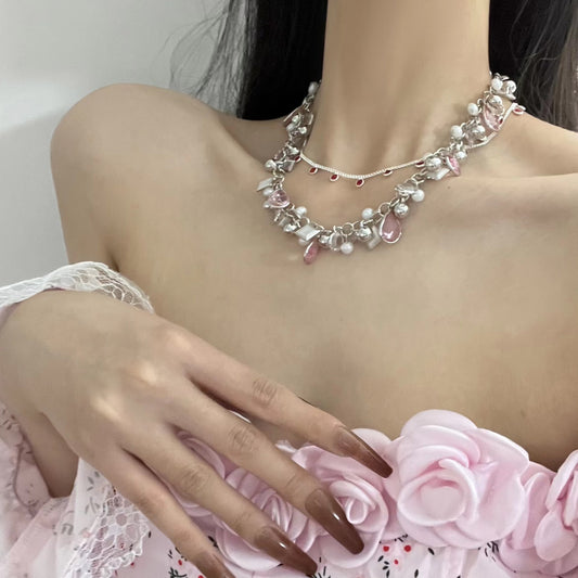 Pink Peach Blossom Necklace Flower Necklace Collar Chain Crystal Fashion Small Spicy Girl Accessories