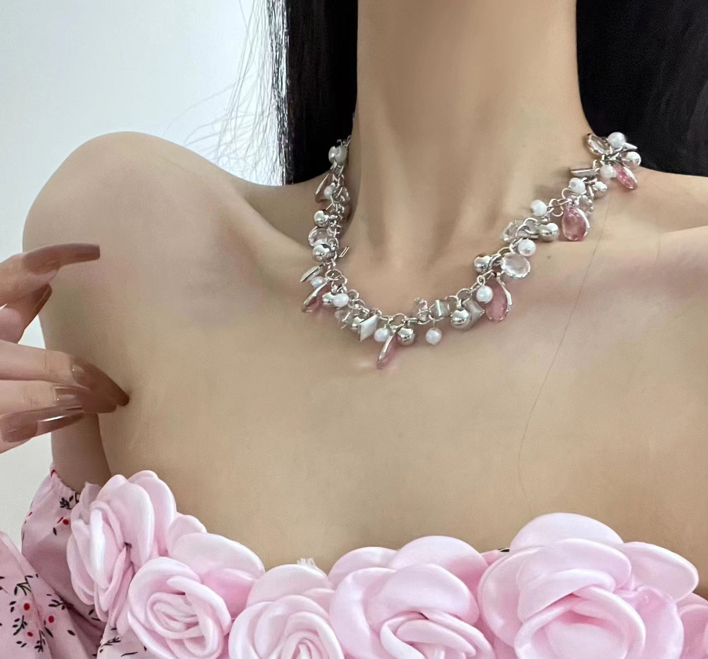Pink Peach Blossom Necklace Flower Necklace Collar Chain Crystal Fashion Small Spicy Girl Accessories