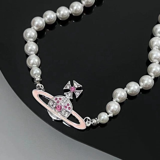 Queen Mother Vivian Vivienne Pink Paint Saturn Pearl Necklace Female Net Red Luxury Clavicle Chain