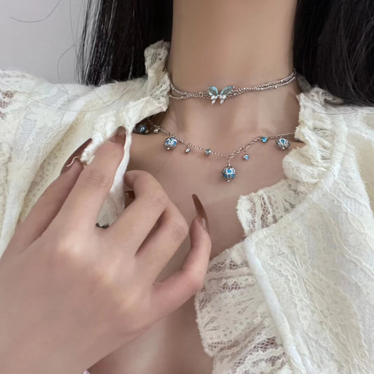Blue Butterfly Tassel Necklace, Sweet and Cool, Spicy Girl, Pure Desire Wind, Collar Chain, Light Luxury, Small and Popular, High Grade Feeling Neckchain