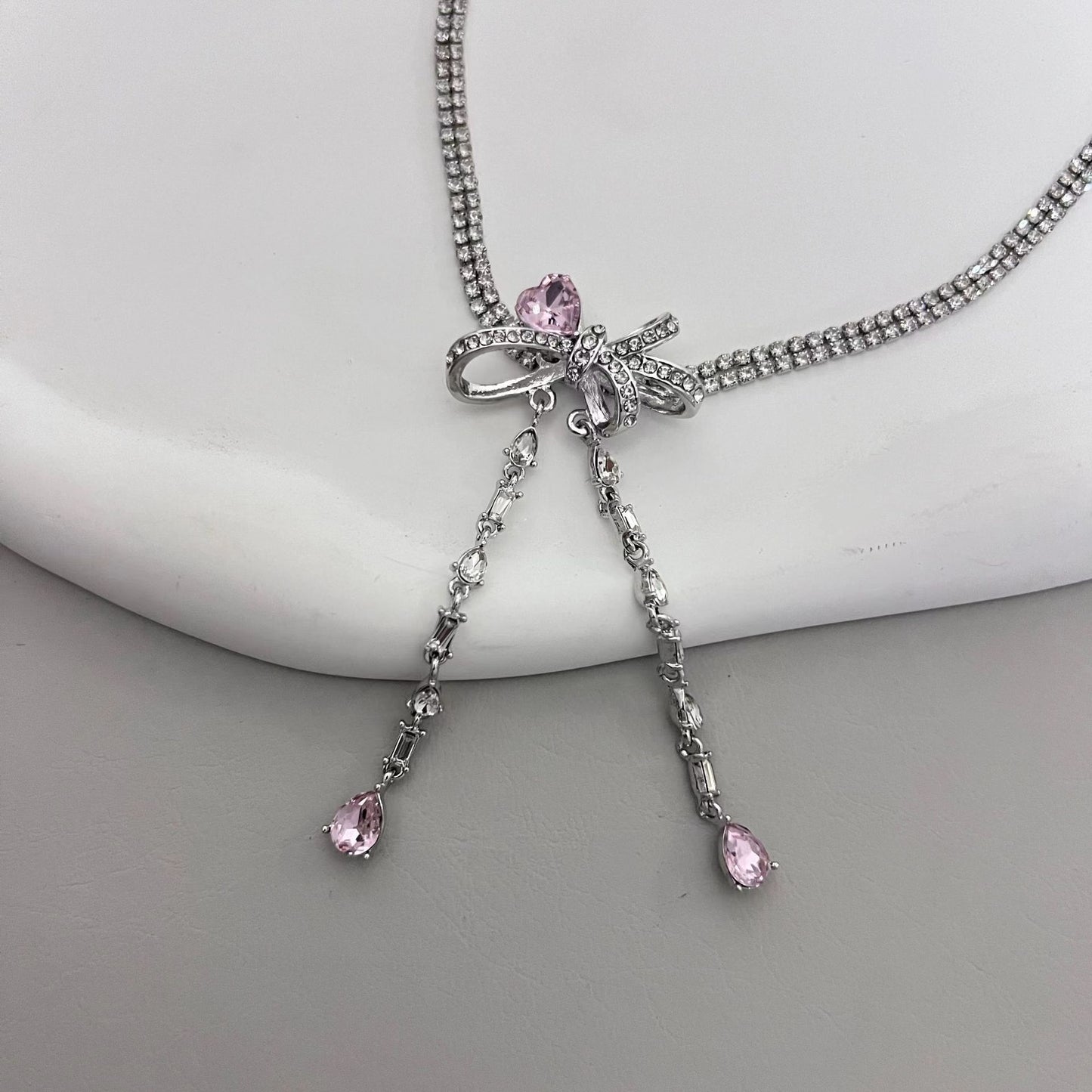 Sweet and Cool Spicy Girl Black Bow Earrings Pink Diamond Love Pearl Necklace Collar Chain Earnail Set Barbie Sweet