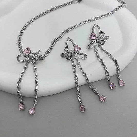Sweet and Cool Spicy Girl Black Bow Earrings Pink Diamond Love Pearl Necklace Collar Chain Earnail Set Barbie Sweet