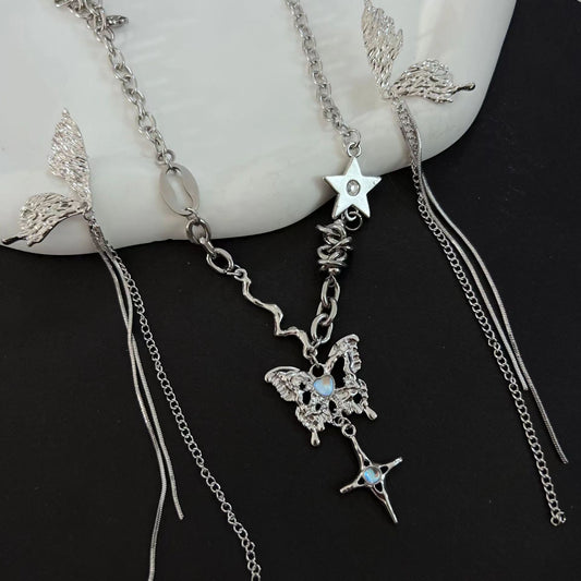 Star Coarse Chain Splice Butterfly Pendant Sweater Necklace for Women's Winter 2023 New Sweater Chain Small Crowd Collar Chain