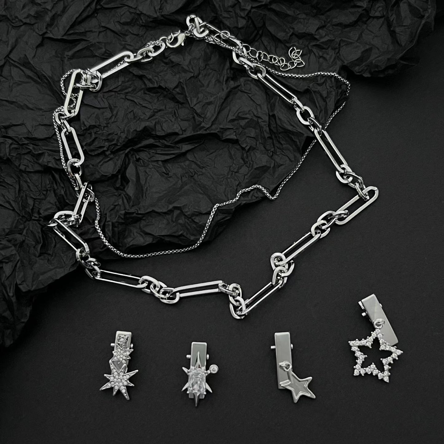 Original multi-purpose hairpin collarbone chain ins wind star element pentagram full diamond chain splicing necklace vintage y2k