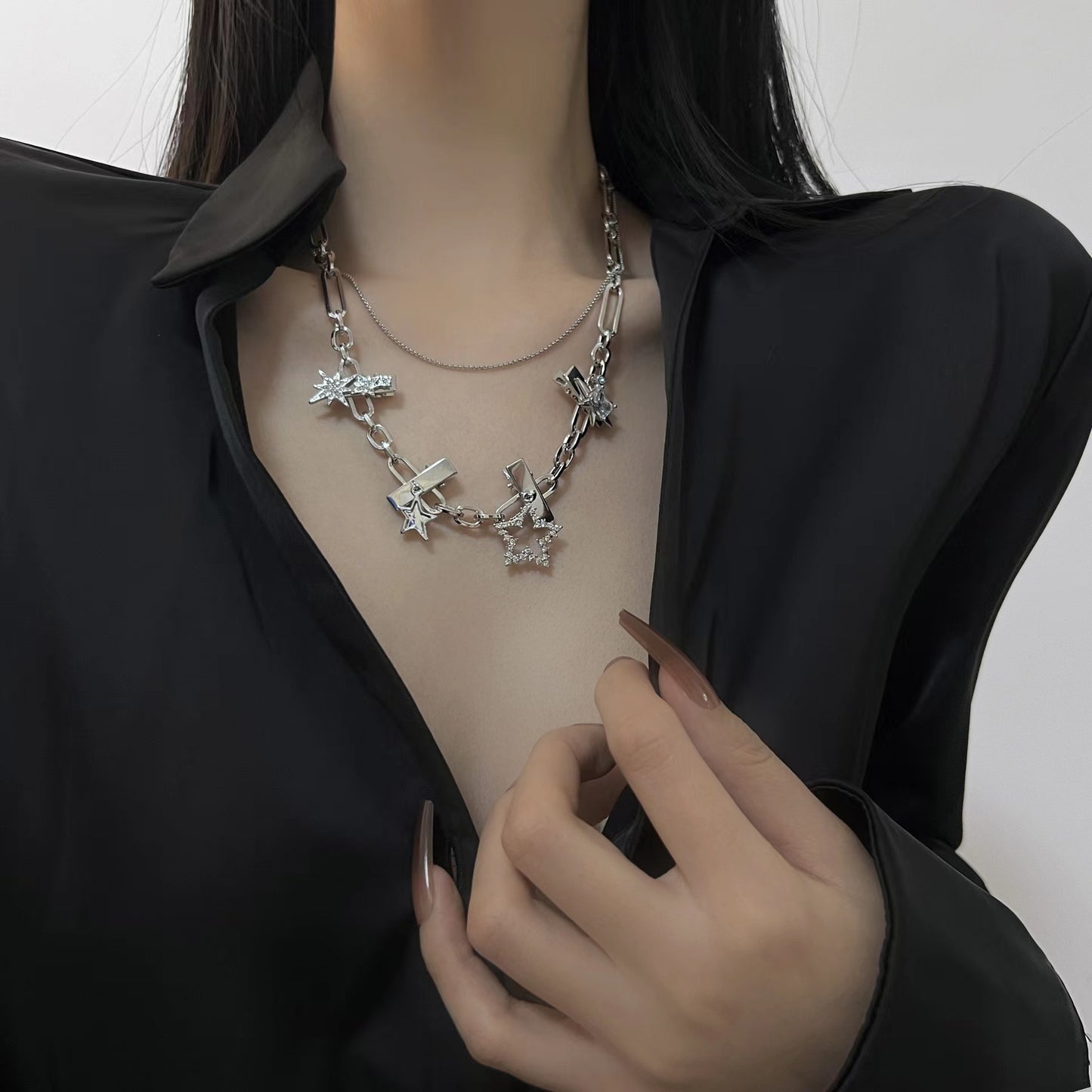 Original multi-purpose hairpin collarbone chain ins wind star element pentagram full diamond chain splicing necklace vintage y2k