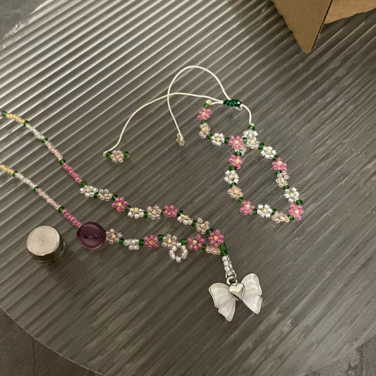 Korean version bow pendant pink flower beaded necklace white bow colored flower collarbone chain bracelet
