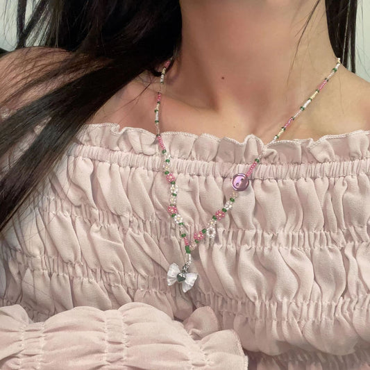Korean version bow pendant pink flower beaded necklace white bow colored flower collarbone chain bracelet