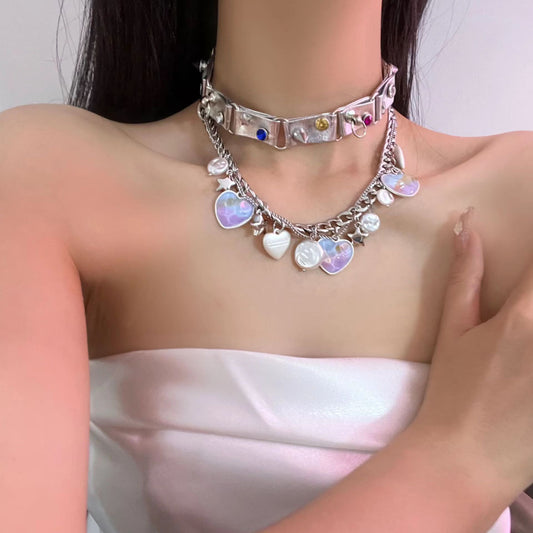Gem Star Choker Splice Colorful Gem Rivet Leather Adjustable Collar Colorful Love Flow for Men and Women