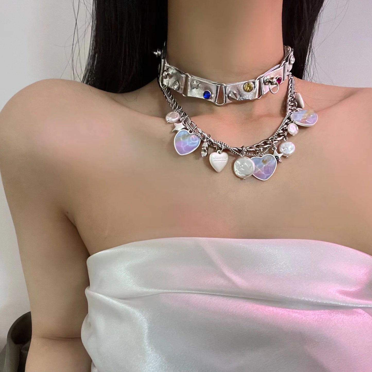 Gem Star Choker Splice Colorful Gem Rivet Leather Adjustable Collar Colorful Love Flow for Men and Women