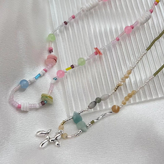 Spring Handmade~Colorful Beaded Necklace for Women's Fresh Temperament Clavicle Chain Sweet Girl Childlike Fun Balloon Dog Clavicle Chain Neck