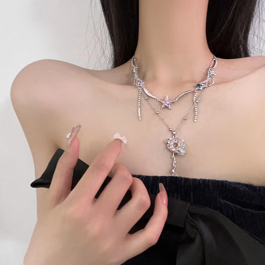 A Shadow Dream Tassel Long Style Micro Inlaid Zircon Retro Star Tassel Simple Collar Chain Fen Pink Girl Necklace