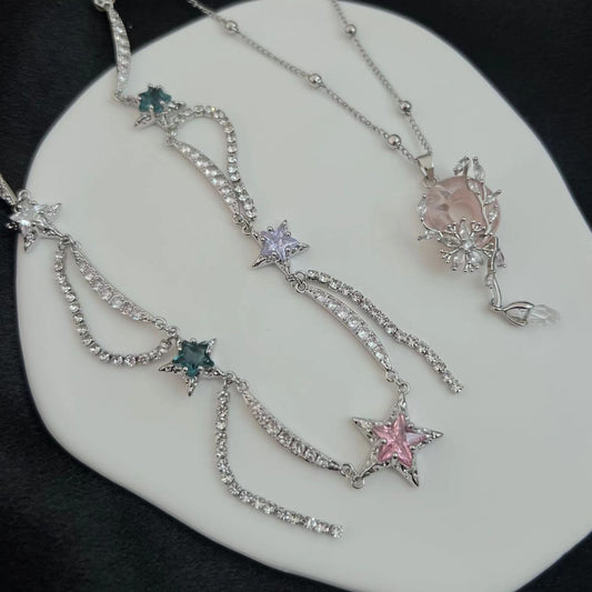 A Shadow Dream Tassel Long Style Micro Inlaid Zircon Retro Star Tassel Simple Collar Chain Fen Pink Girl Necklace