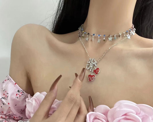 Of course you need to wear colorful butterfly cherries! Design Rainbow Starlight Butterfly Purple Gradient Necklace Collar Chain