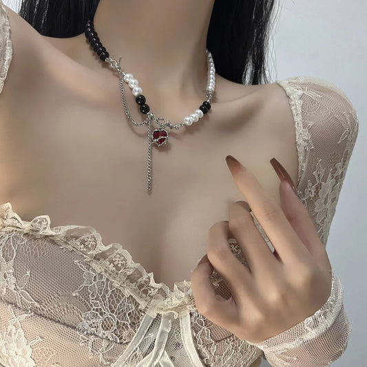 Sweet and Cool Dark Style Thorn Heart Ruby Pendant Pearl Chain Tassel Necklace Choker Premium Ear Feel
