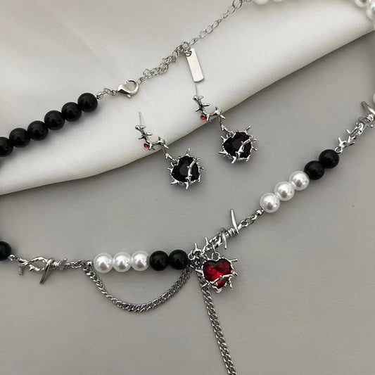 Sweet and Cool Dark Style Thorn Heart Ruby Pendant Pearl Chain Tassel Necklace Choker Premium Ear Feel