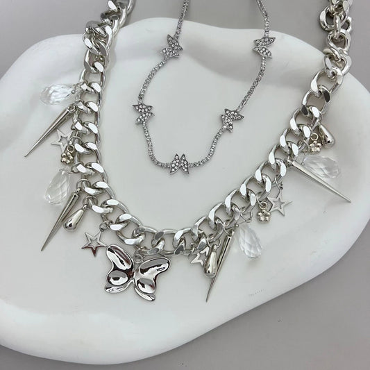 T Shackles Series Silver pentagram Multi layer Overlay Tassel Star Sequin Necklace Collar Chain Sweater Chain