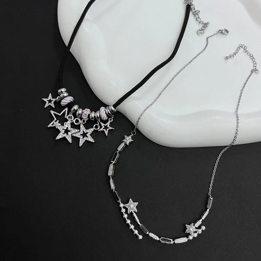 Star tassel leather patchwork neckchain for women Xia ins, high-end and niche design accessory, choker short neckband