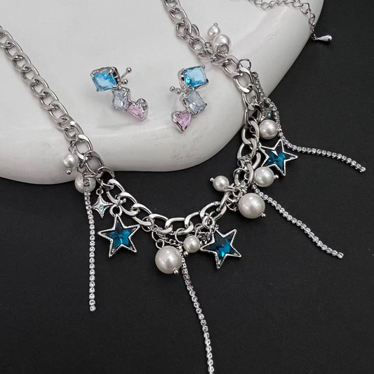 Sweet and cool blue ocean diamond pentagram design pearl tassel pendant cool fashion niche design necklace collarbone