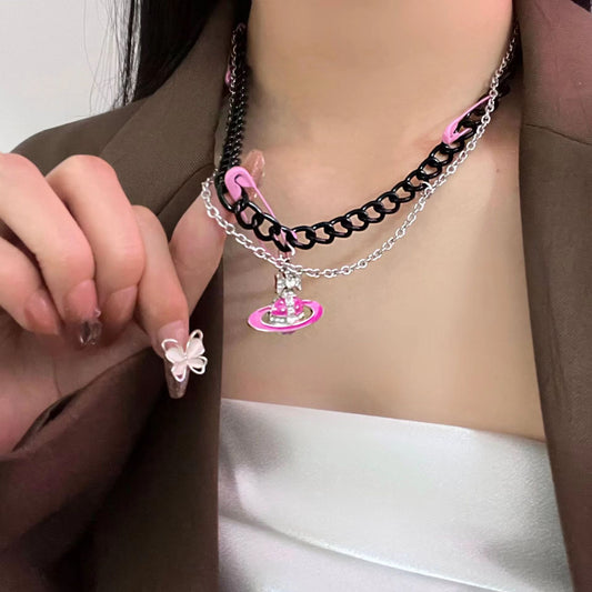 Saturn Black Letter Belt Chain Pin Rose Pink Butterfly Necklace Female Y2K Sweet Cool Spicy Girl Pendant Chain