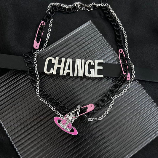 Saturn Black Letter Belt Chain Pin Rose Pink Butterfly Necklace Female Y2K Sweet Cool Spicy Girl Pendant Chain