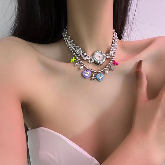 Pearl 2023 New Style Dial Zircon Necklace for Women's Light Luxury Small Crowd Collar Chain Crystal Gem Necklace Neckchain High
