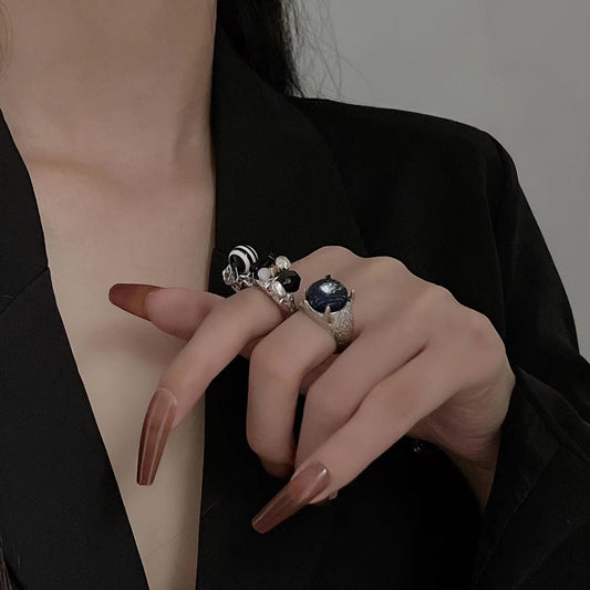 Aider Handmade Ring with Dark Black Style, Small Female Open End Ring, Retro Trend, Personalized Light Luxury, European and American Wide