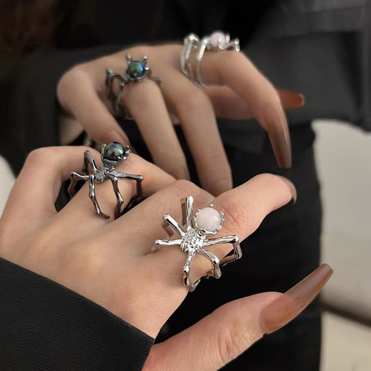 Spider Dark Punk Ring with Insignia Design, Premium Moonlight Stone Metal Cool Wind, Adjustable Opening