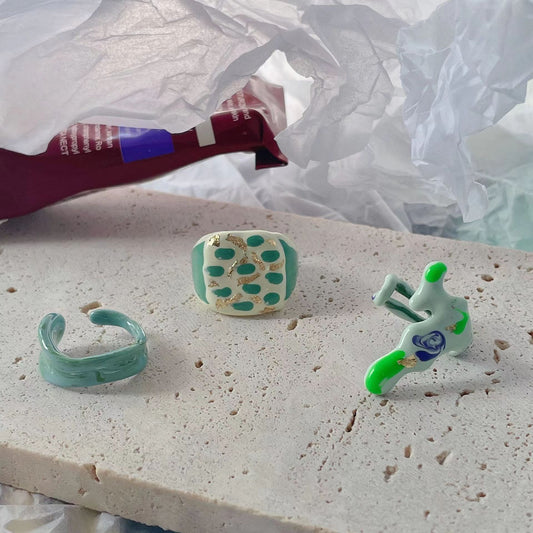Splicing Ink Hand Drip Glaze Ring with Small Design Sense Checkerboard Checker Cream Hand Drip Glaze Ring