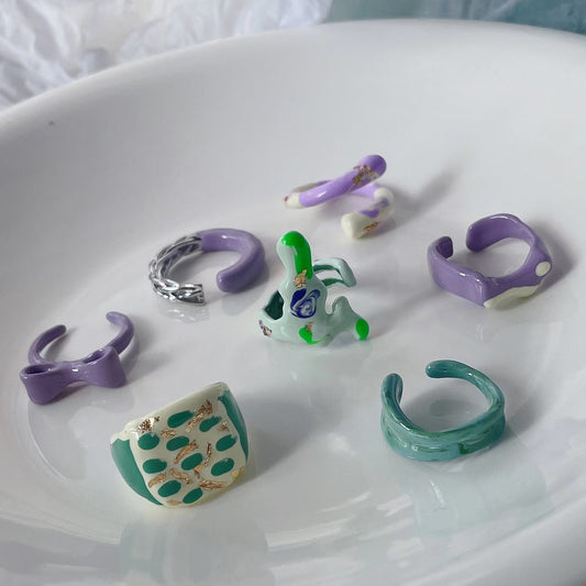 Splicing Ink Hand Drip Glaze Ring with Small Design Sense Checkerboard Checker Cream Hand Drip Glaze Ring