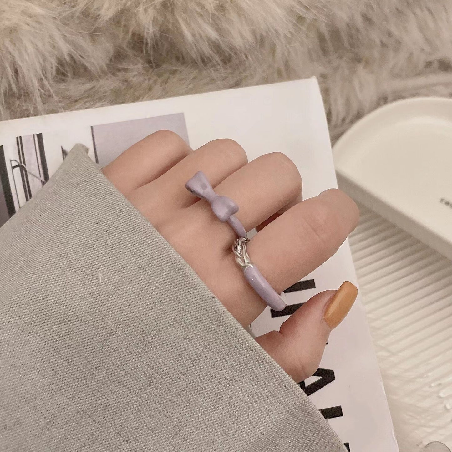 Enamel Colored Glaze Taro Mud Popple Pink Purple Grey Tone Fashionable Bow Knot Popple Dot Open Ring Ring Ring
