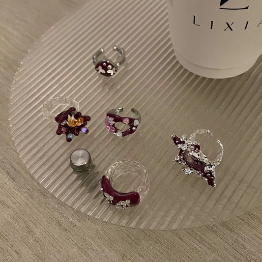 Original Design, Handmade Purple Girl Crystal Beads, Colorful Forest Series Open Ring, Female INS Light Luxury Treasure