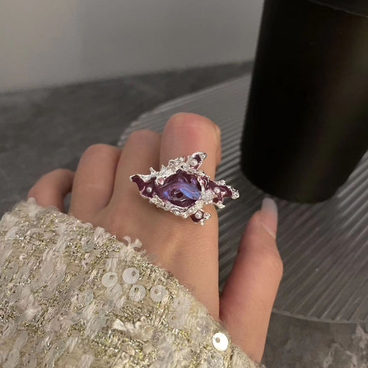 Original Design, Handmade Purple Girl Crystal Beads, Colorful Forest Series Open Ring, Female INS Light Luxury Treasure