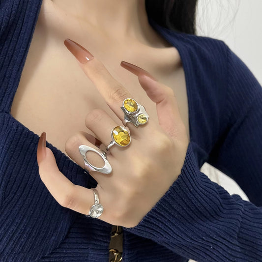 Mechanical Style Simple Fashion Punk Hollow Metal Ring Versatile Small Couple Ring Men and Women's Four Piece Set