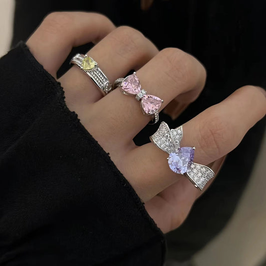 Coco Lane Sweetheart Princess Exquisite Pink Diamond Bow Knot Sweet Temperament Ring ins Women's Ring Opening Tide