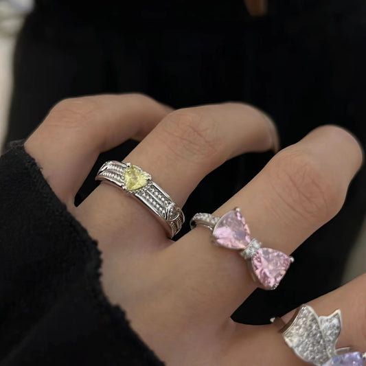 Coco Lane Sweetheart Princess Exquisite Pink Diamond Bow Knot Sweet Temperament Ring ins Women's Ring Opening Tide