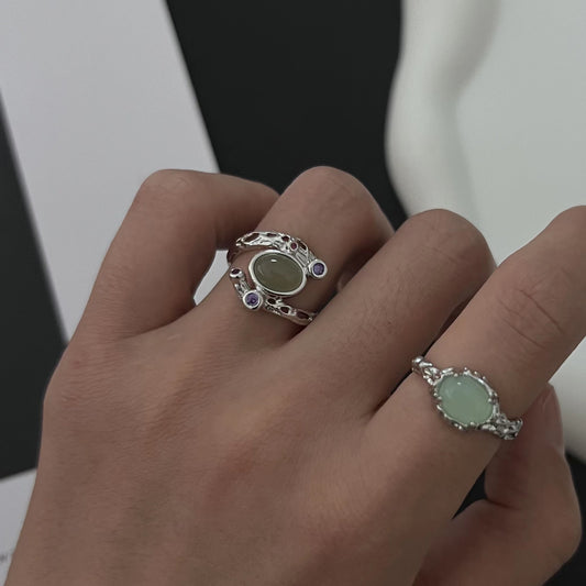New Chinese style adjustable opening ring with irregular insets, cool and light luxury, niche design jewelry, green stone opening