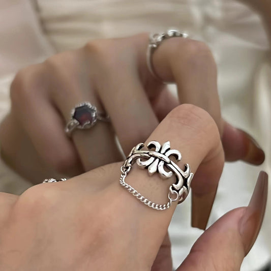 Vintage Zircon Geometry Cross Chain Tassel Open Ring Cold Wind Index Finger Ring Personalized Handicraft