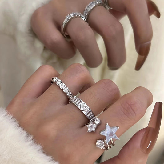Quick Xu Star Love Zircon Ring for Female Ins with a Small Crowd Design Sense and High Grade Pearl Tassel Index Finger Ring Opening
