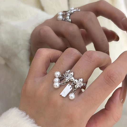Quick Xu Star Love Zircon Ring for Female Ins with a Small Crowd Design Sense and High Grade Pearl Tassel Index Finger Ring Opening
