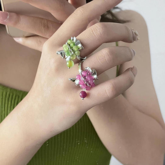 Small group design fireworks exploding bead ring ins green tourmaline bead original high-end feeling pleated ring
