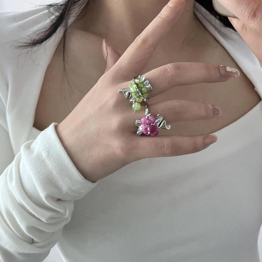 Small group design fireworks exploding bead ring ins green tourmaline bead original high-end feeling pleated ring