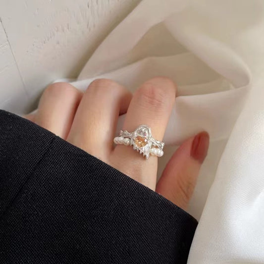 Full S925 Sterling Silver Cute Ghost Shape Pearl Double Layer Ring Open Ring