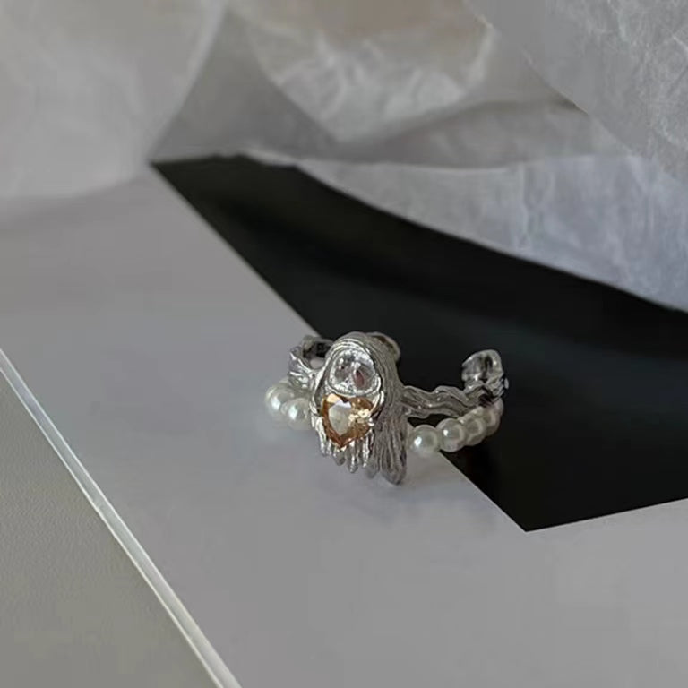 Full S925 Sterling Silver Cute Ghost Shape Pearl Double Layer Ring Open Ring