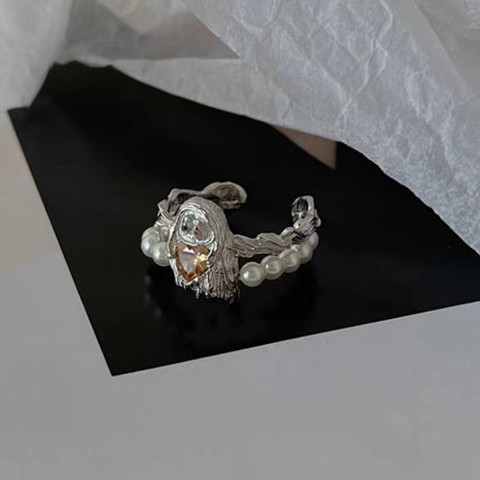 Full S925 Sterling Silver Cute Ghost Shape Pearl Double Layer Ring Open Ring