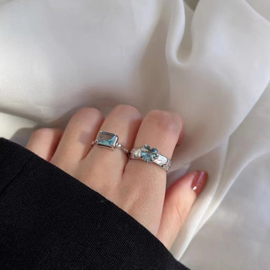 Full S925 Sterling Silver Simple Fashion Diamond Set Blue Zircon Heart Ring Open Ring