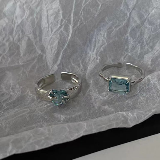 Full S925 Sterling Silver Simple Fashion Diamond Set Blue Zircon Heart Ring Open Ring