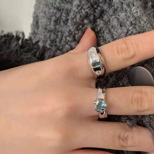 Irregular Metal Blue Zircon Love Ring for Women in South Korea: Retro Personality, Simple and Versatile Style Ring