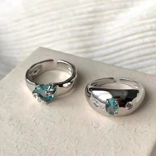 Irregular Metal Blue Zircon Love Ring for Women in South Korea: Retro Personality, Simple and Versatile Style Ring